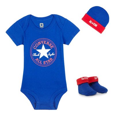 Baby boys' navy logo print bodysuit, cap and pair of booties